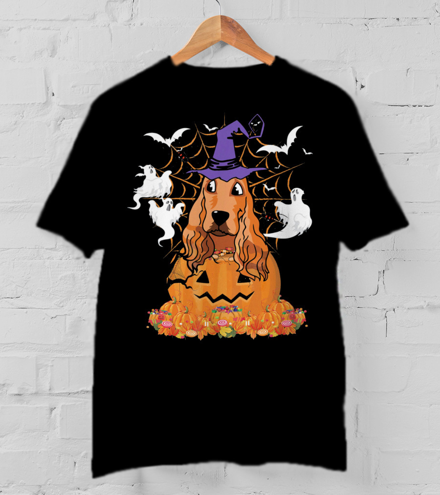 Cavalier King Charles Spaniel Halloween Pumpkin Ghosts And Witch Hat T-Shirt