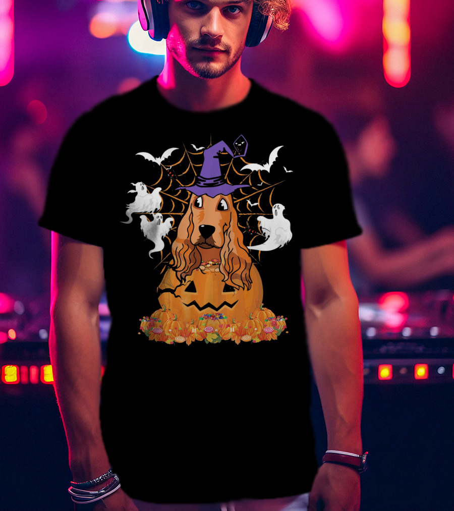 Cavalier King Charles Spaniel Halloween Pumpkin Ghosts And Witch Hat T-Shirt