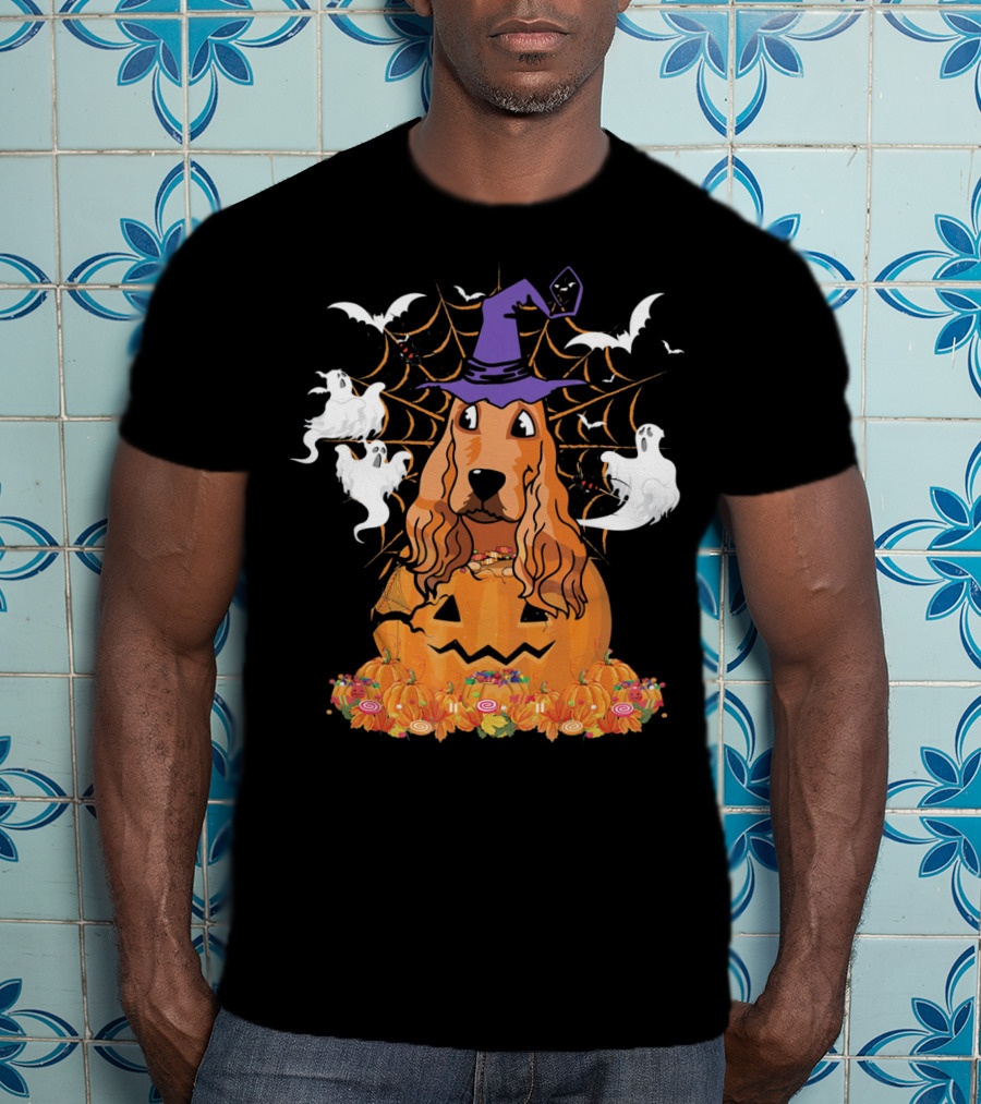 Cavalier King Charles Spaniel Halloween Pumpkin Ghosts And Witch Hat T-Shirt