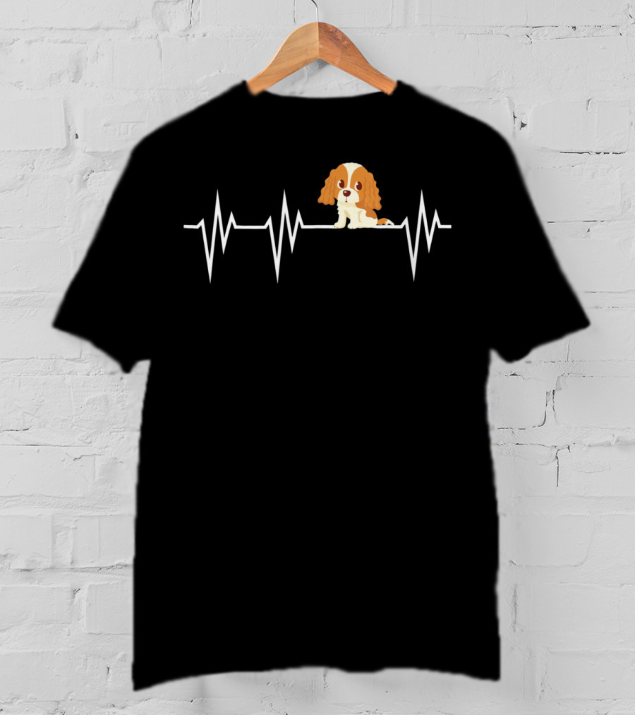 Cavalier King Charles Spaniel Heartbeat EKG Line With Cartoon Puppy T-Shirt