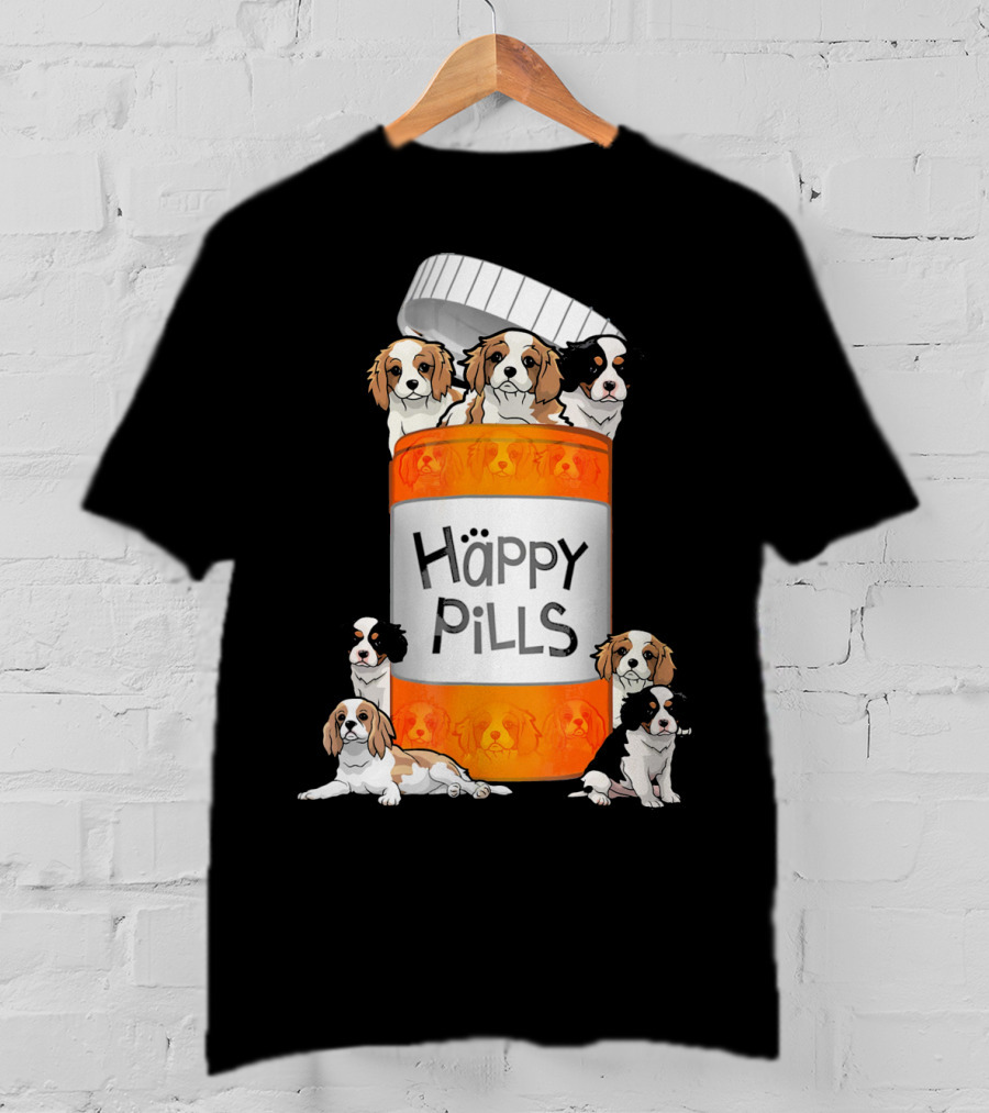 Cavalier King Charles Spaniel Happy Pills Illustration With Puppies In Pill Bottle T-Shirt