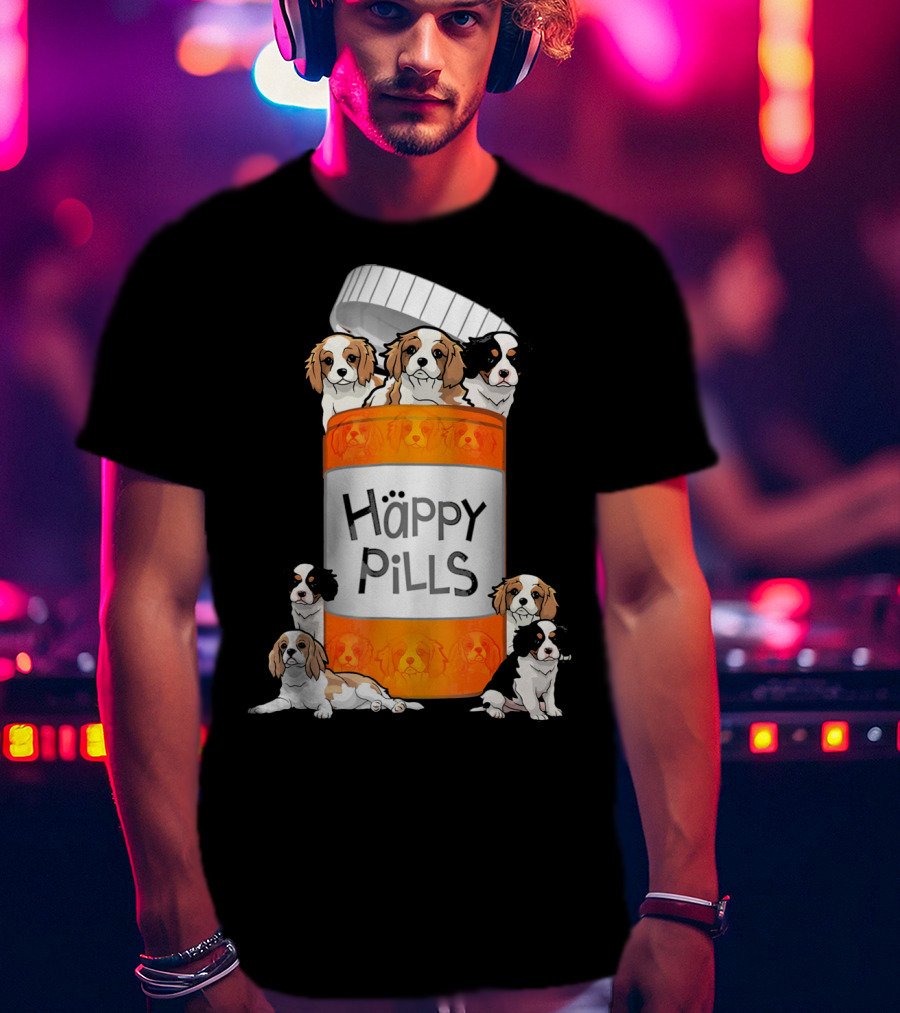 Cavalier King Charles Spaniel Happy Pills Illustration With Puppies In Pill Bottle T-Shirt