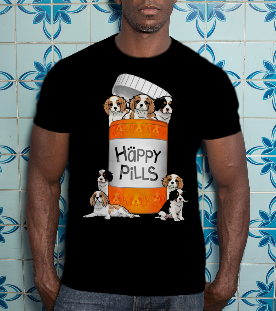 Cavalier King Charles Spaniel Happy Pills Illustration With Puppies In Pill Bottle T-Shirt