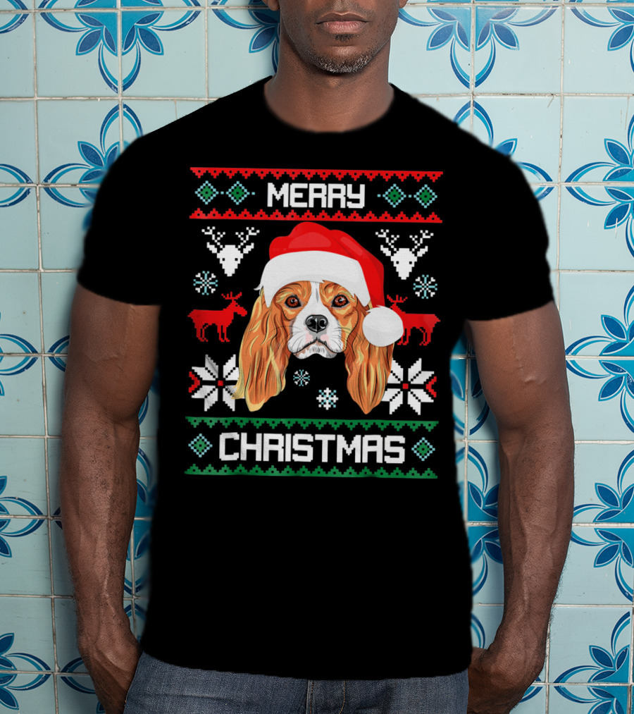 Merry Christmas Cavalier King Charles Spaniel Ugly Sweater Santa Hat T-Shirt