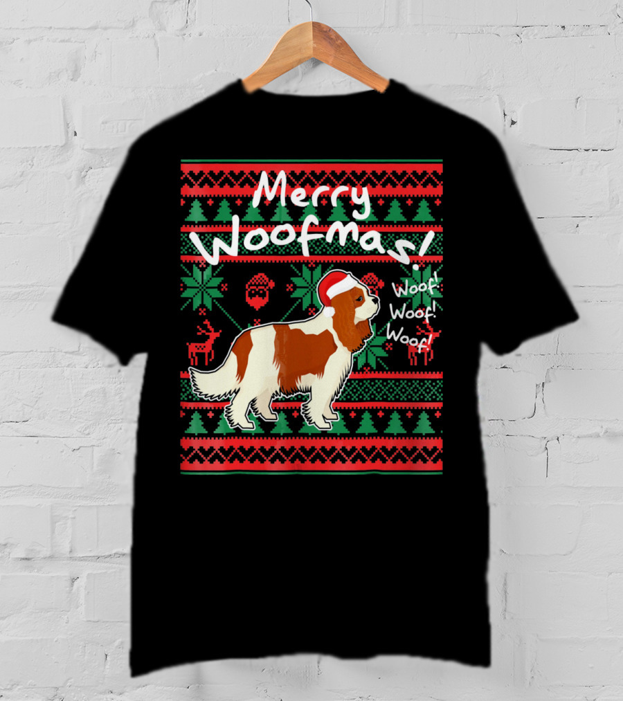 Merry Woofmas Cavalier King Charles Spaniel Festive Santa Hat Woof Woof Holiday T-Shirt