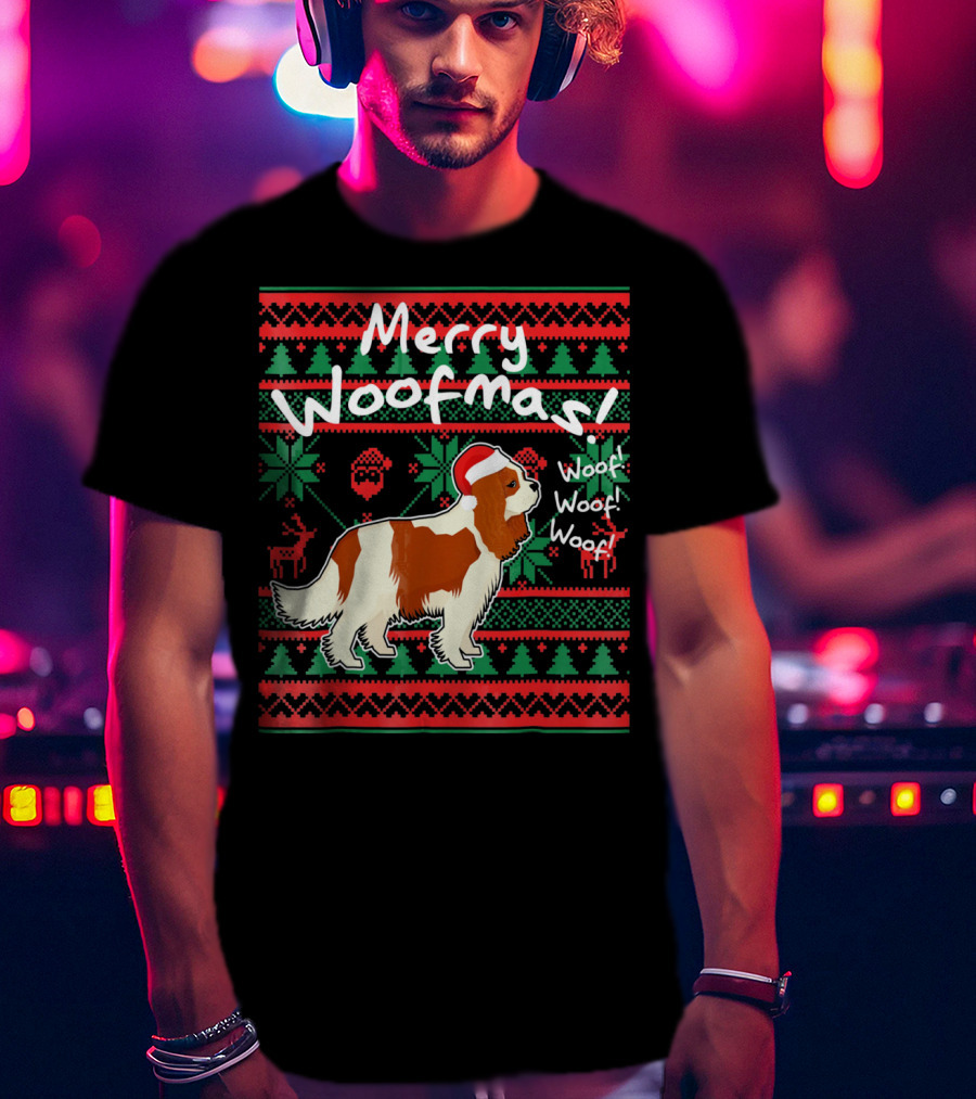 Merry Woofmas Cavalier King Charles Spaniel Festive Santa Hat Woof Woof Holiday T-Shirt