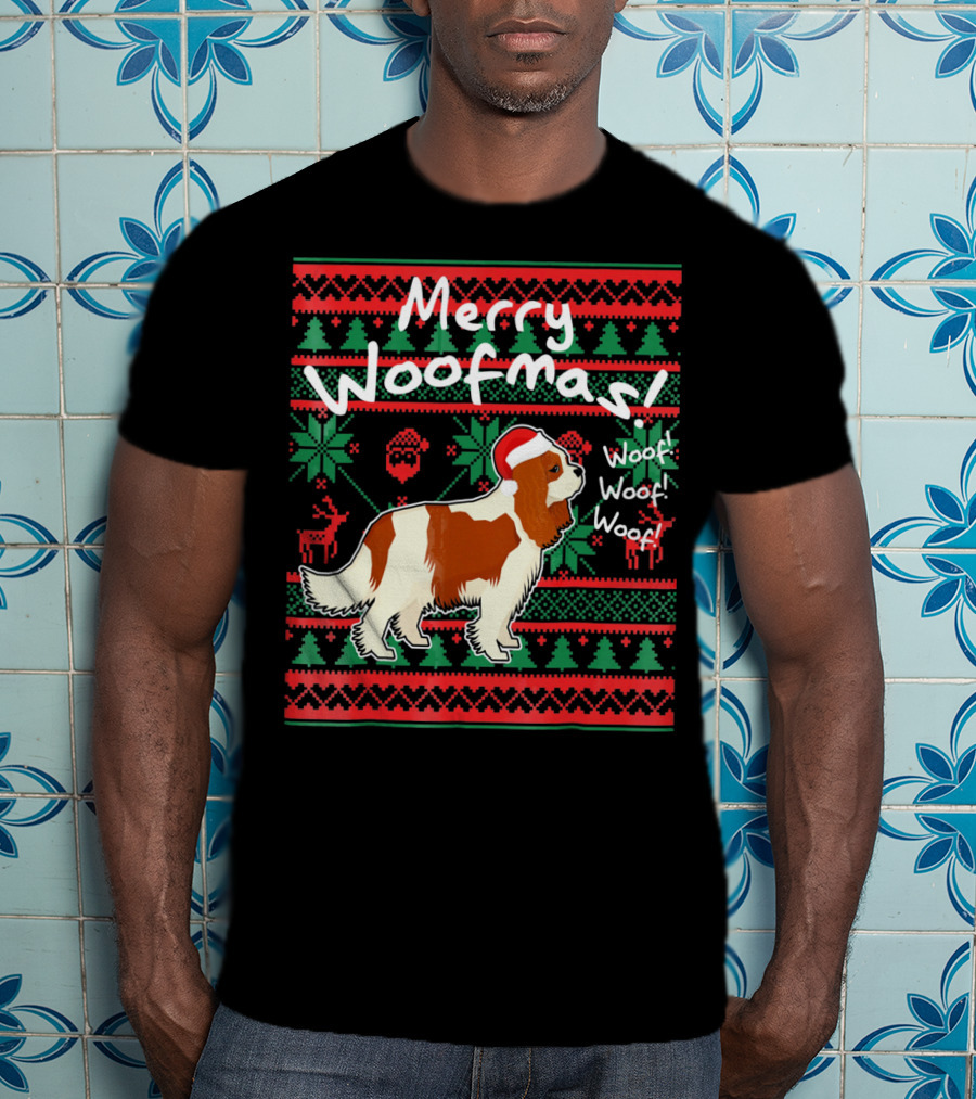 Merry Woofmas Cavalier King Charles Spaniel Festive Santa Hat Woof Woof Holiday T-Shirt