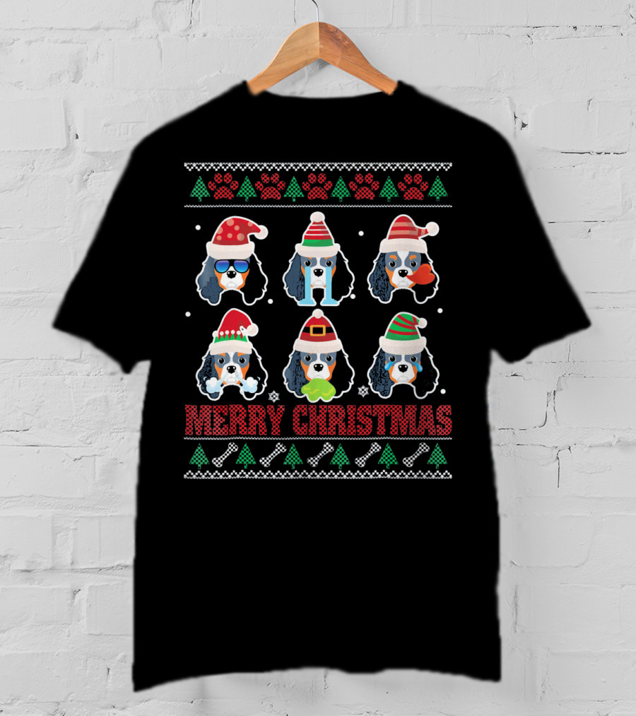 Merry Christmas Cavalier King Charles Spaniel Ugly Santa Santa Hat And Paw Prints T-Shirt