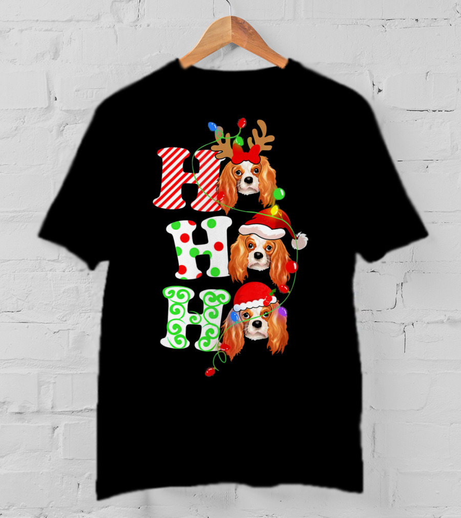 Cavalier King Charles Spaniel Santa Ho Ho Christmas Lights T-Shirt
