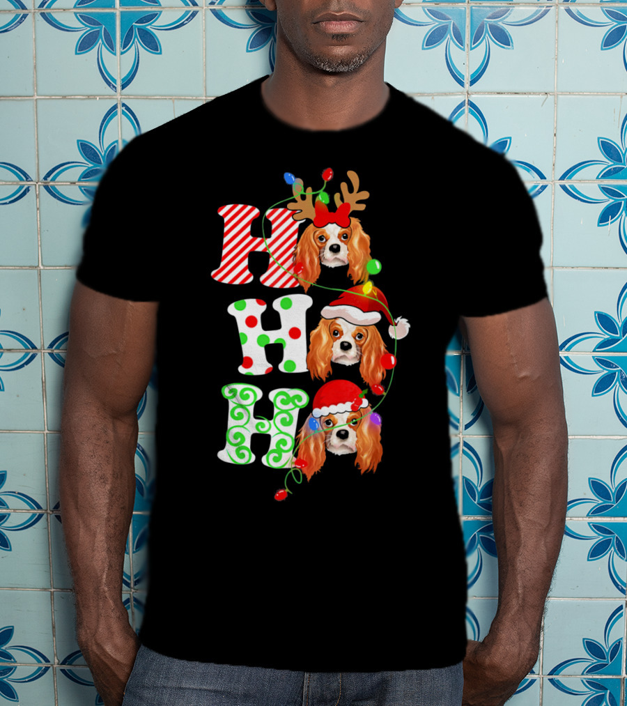 Cavalier King Charles Spaniel Santa Ho Ho Christmas Lights T-Shirt