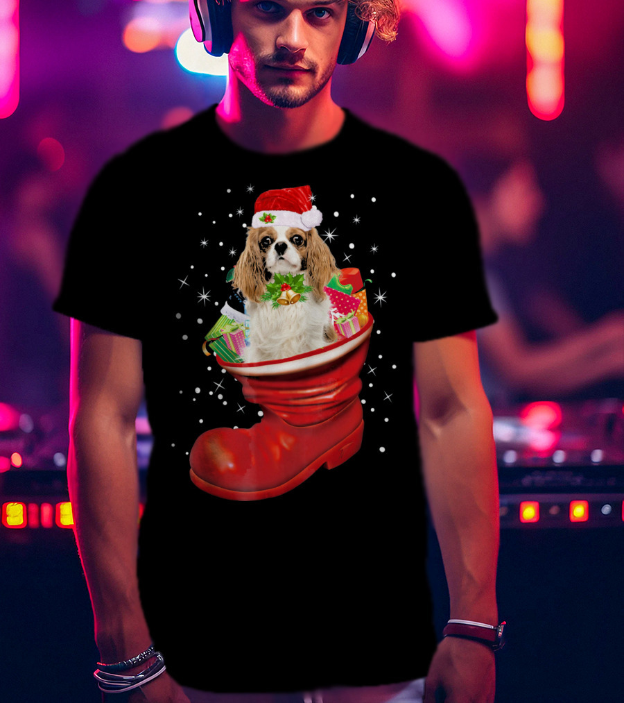 Cavalier King Christmas Dog In Festive Boot With Gifts T-Shirt