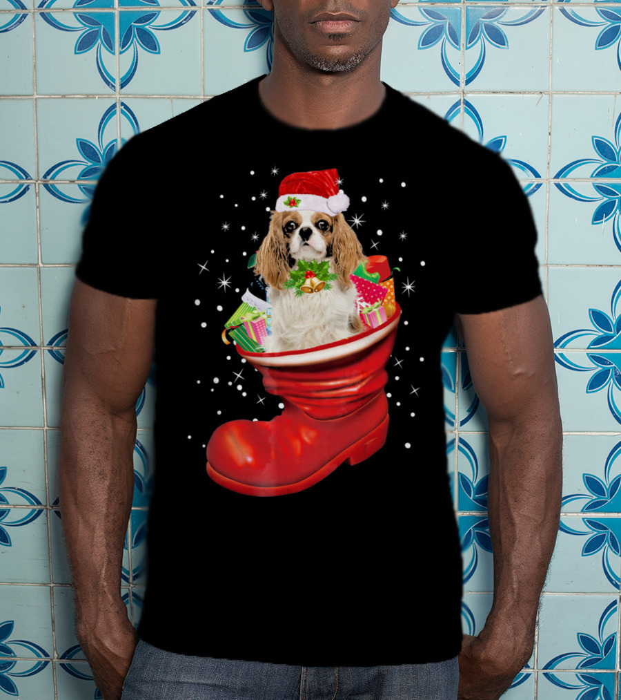 Cavalier King Christmas Dog In Festive Boot With Gifts T-Shirt