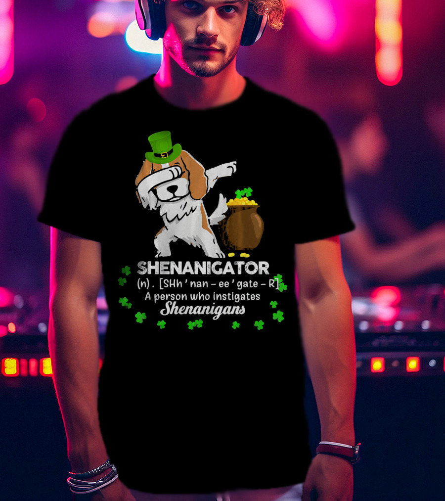 Shenanigator Cavalier King Dog With Green Hat And Pot Of Gold T-Shirt