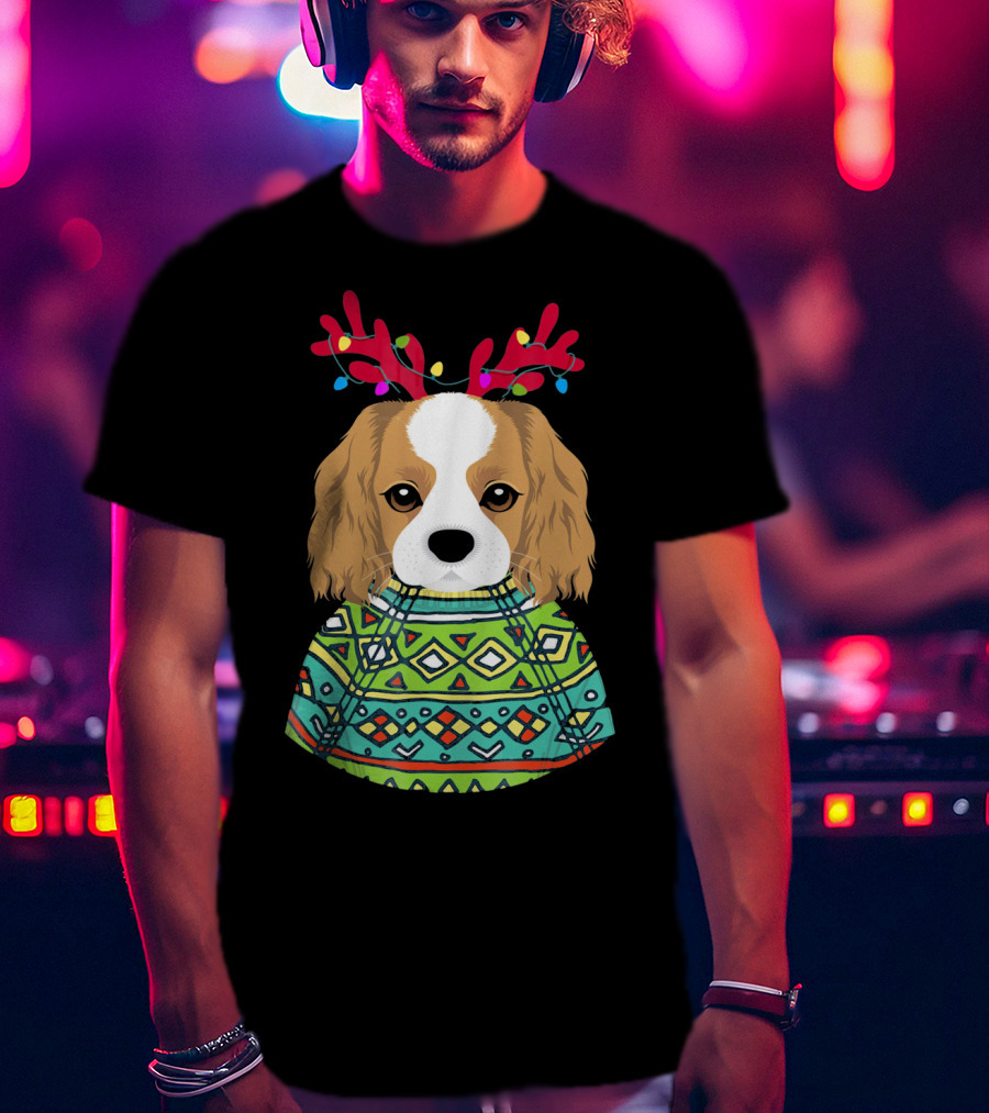 Cavalier Spaniel Reindeer Antlers Festive T-Shirt
