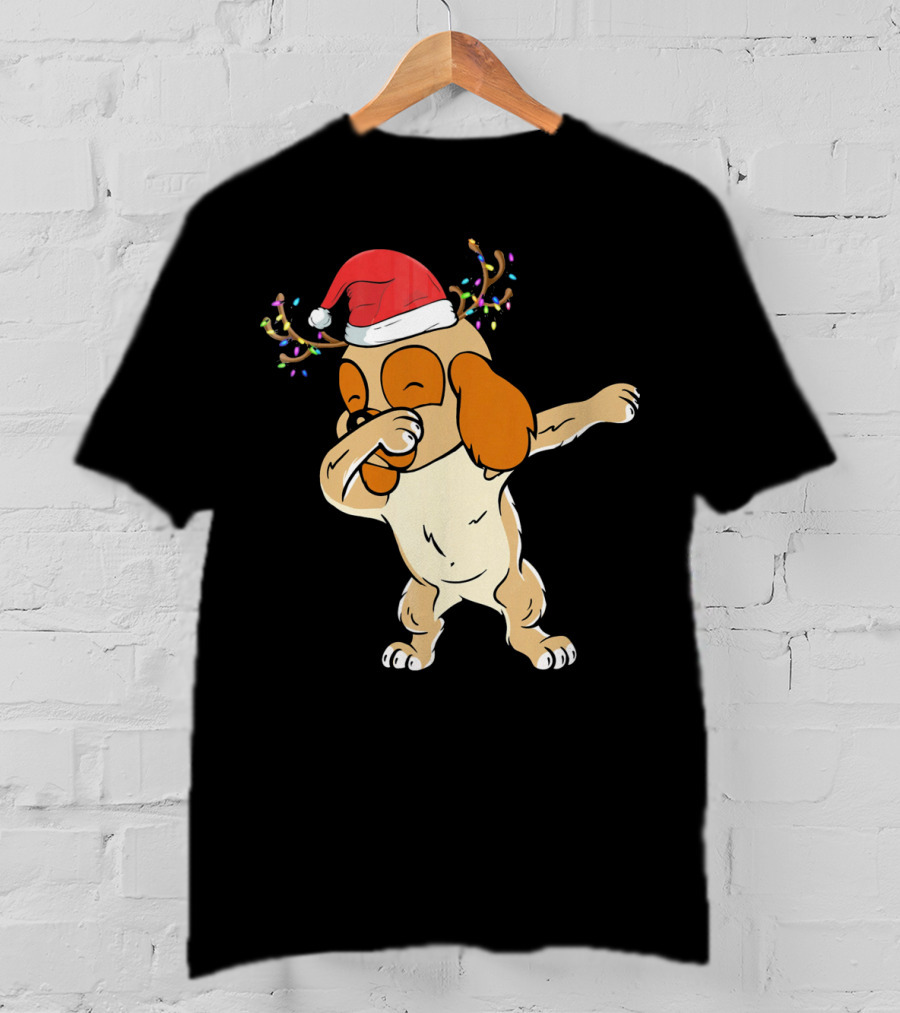 Christmas Cocker Spaniel Dabbing Reindeer Antlers Santa Hat T-Shirt