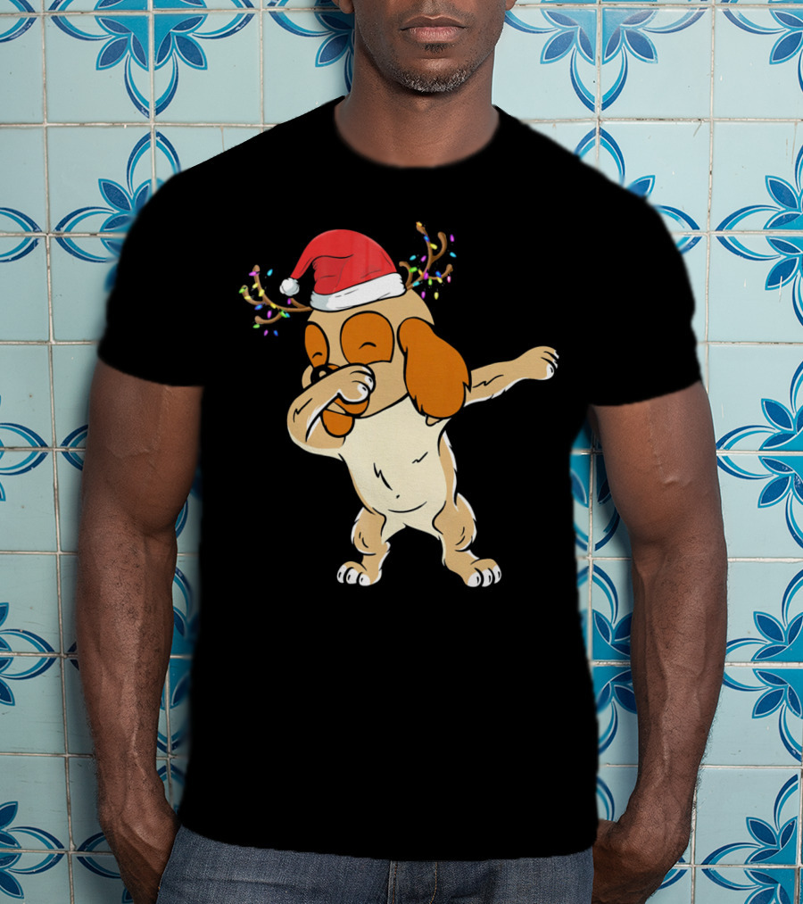 Christmas Cocker Spaniel Dabbing Reindeer Antlers Santa Hat T-Shirt