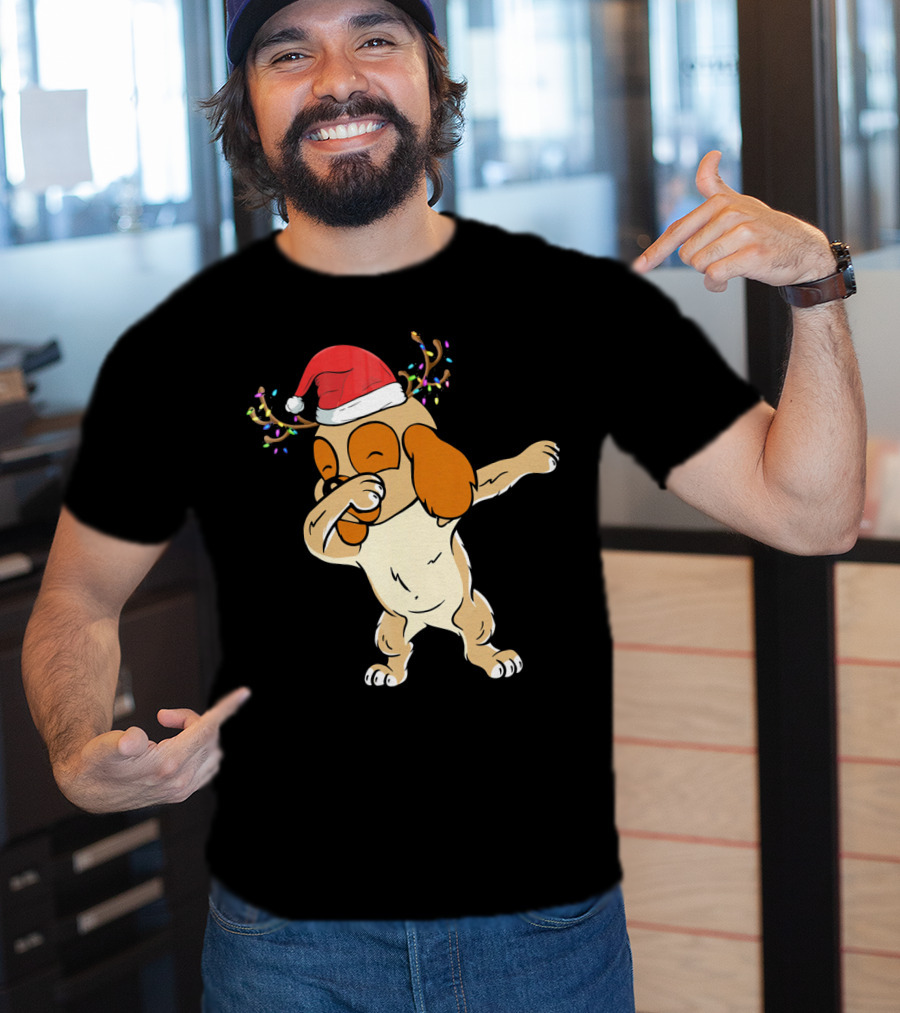 Christmas Cocker Spaniel Dabbing Reindeer Antlers Santa Hat T-Shirt