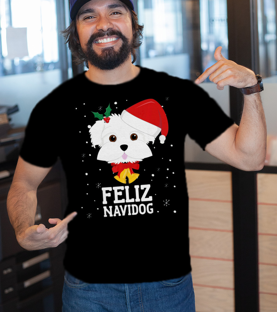 Feliz Navidog Christmas Maltese Dog With Santa Hat And Holly T-Shirt