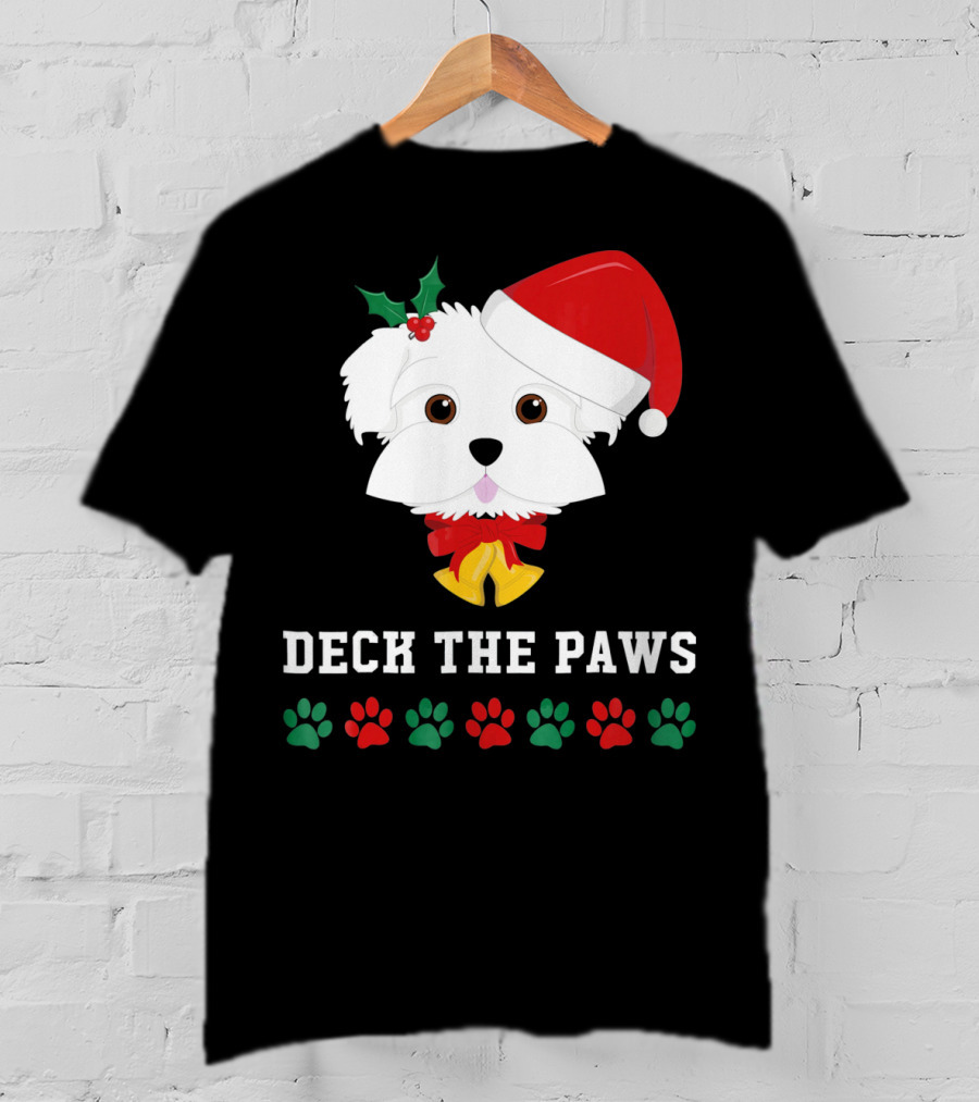 Deck The Paws Christmas Dog Maltese Santa Hat Paw Prints T-Shirt