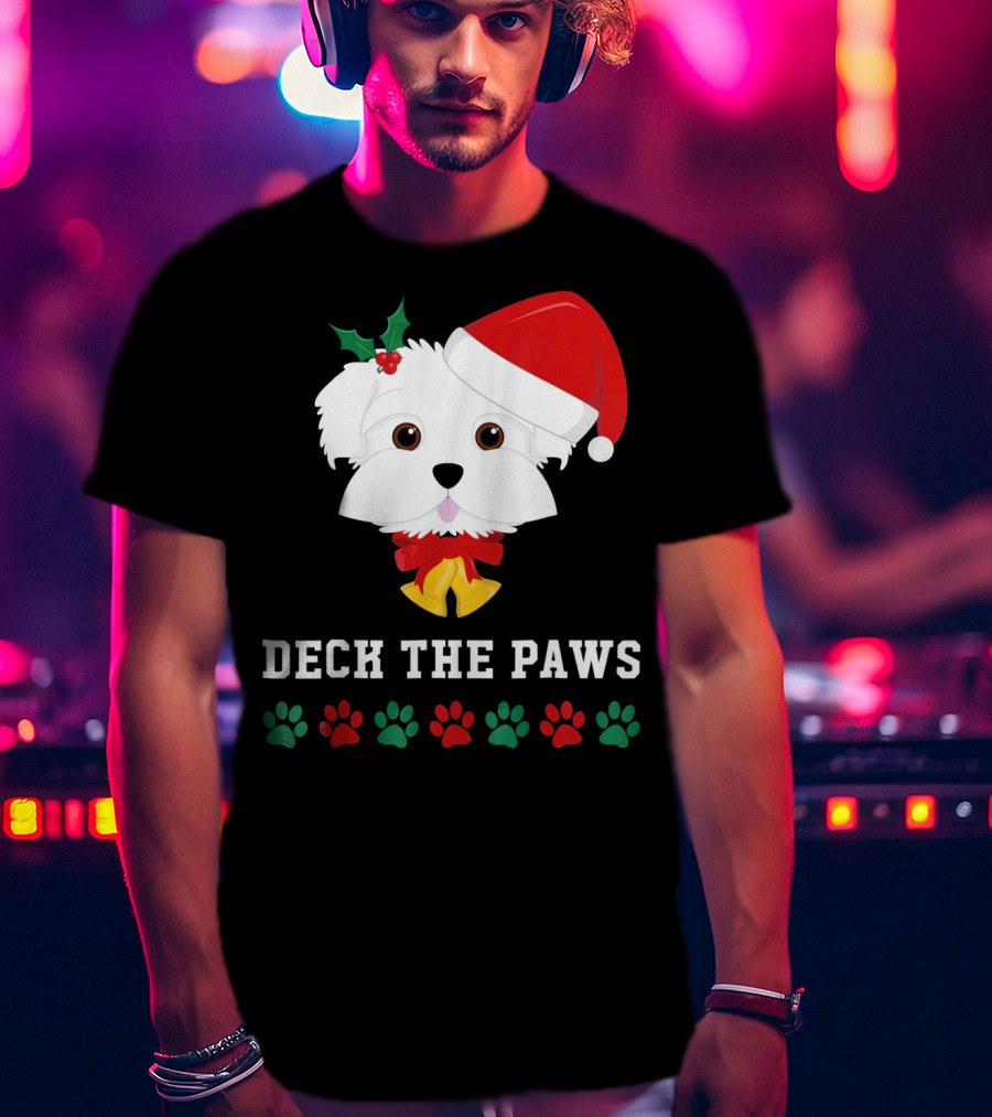 Deck The Paws Christmas Dog Maltese Santa Hat Paw Prints T-Shirt