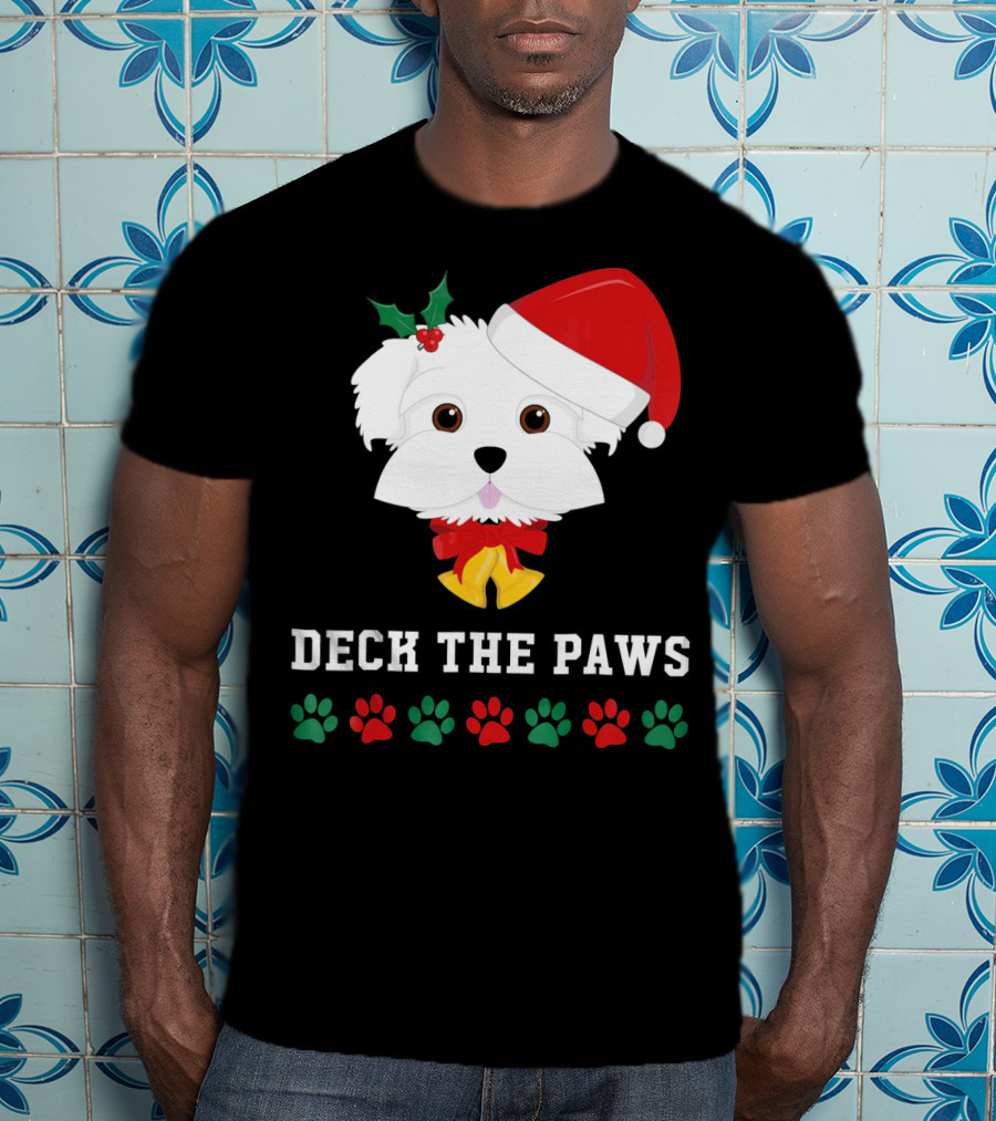 Deck The Paws Christmas Dog Maltese Santa Hat Paw Prints T-Shirt