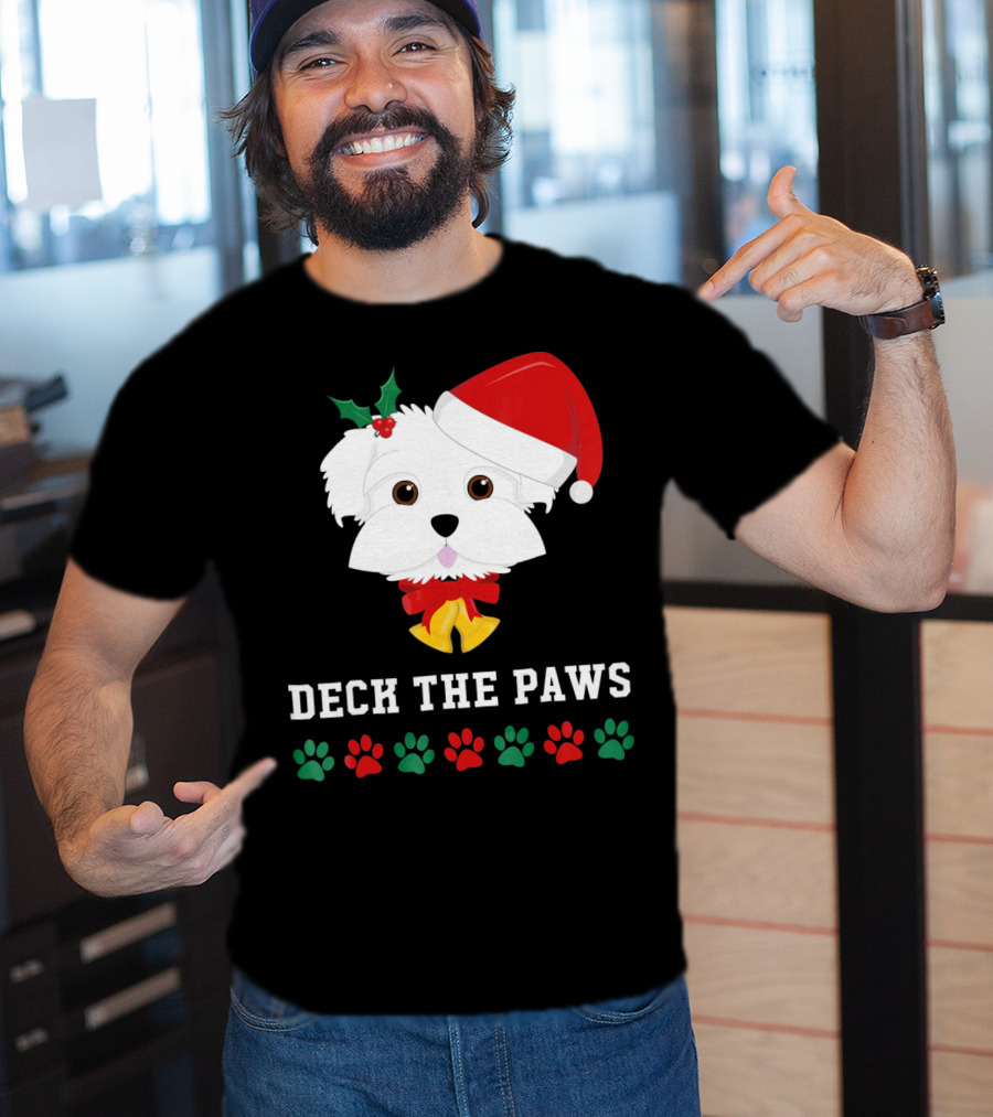 Deck The Paws Christmas Dog Maltese Santa Hat Paw Prints T-Shirt