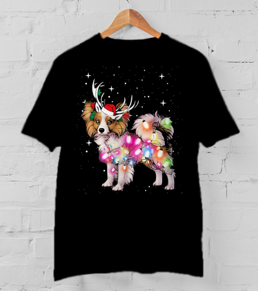 Papillon With Christmas Lights And Santa Antlers T-Shirt