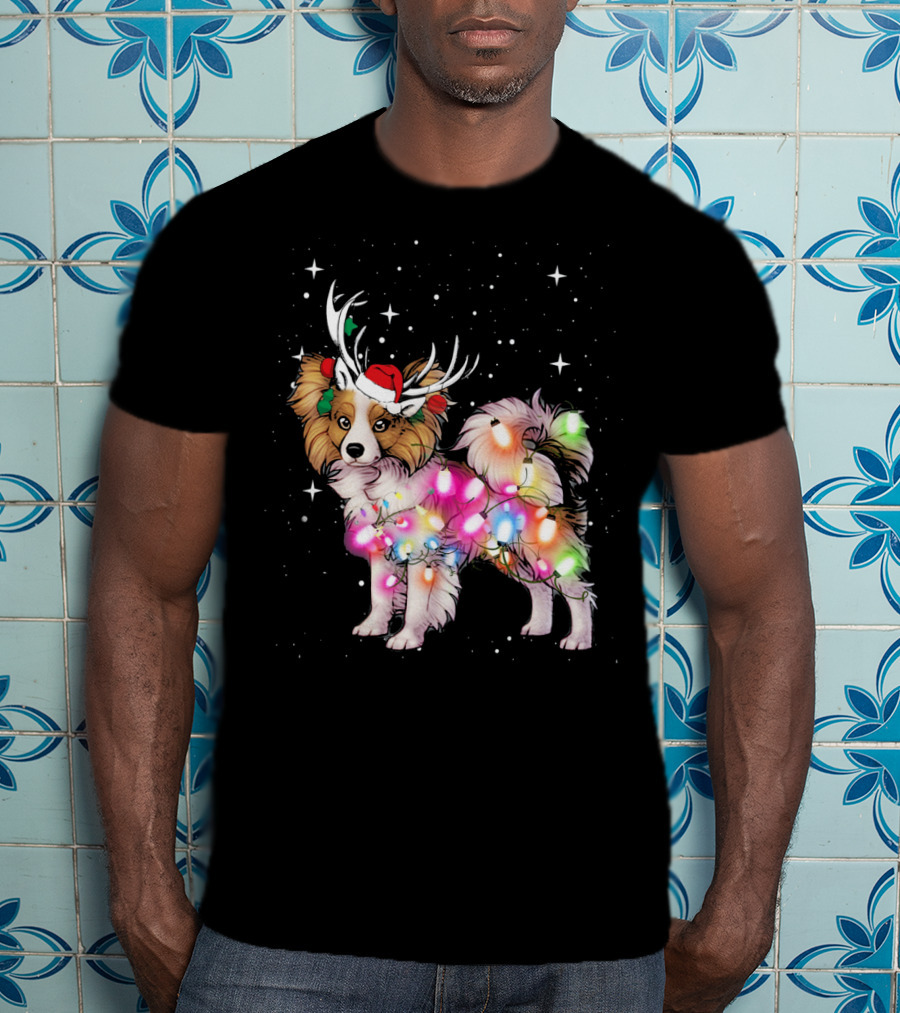 Papillon With Christmas Lights And Santa Antlers T-Shirt