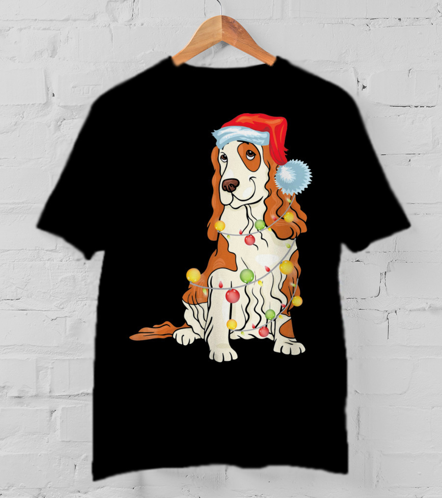 Cocker Spaniel Wearing Santa Hat With Colorful Christmas Lights T-Shirt