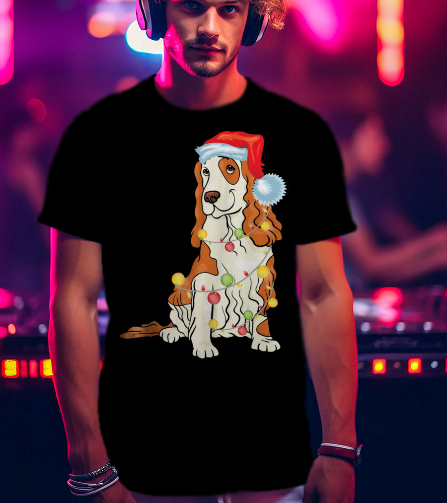 Cocker Spaniel Wearing Santa Hat With Colorful Christmas Lights T-Shirt