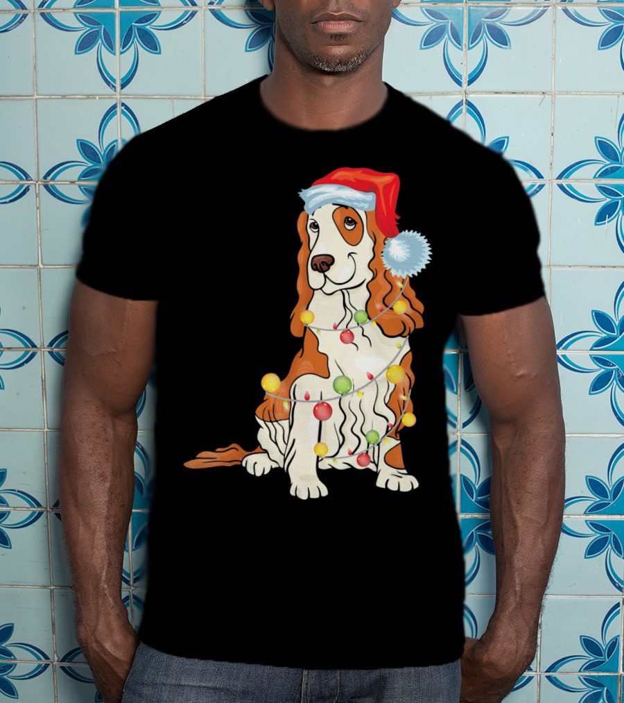 Cocker Spaniel Wearing Santa Hat With Colorful Christmas Lights T-Shirt