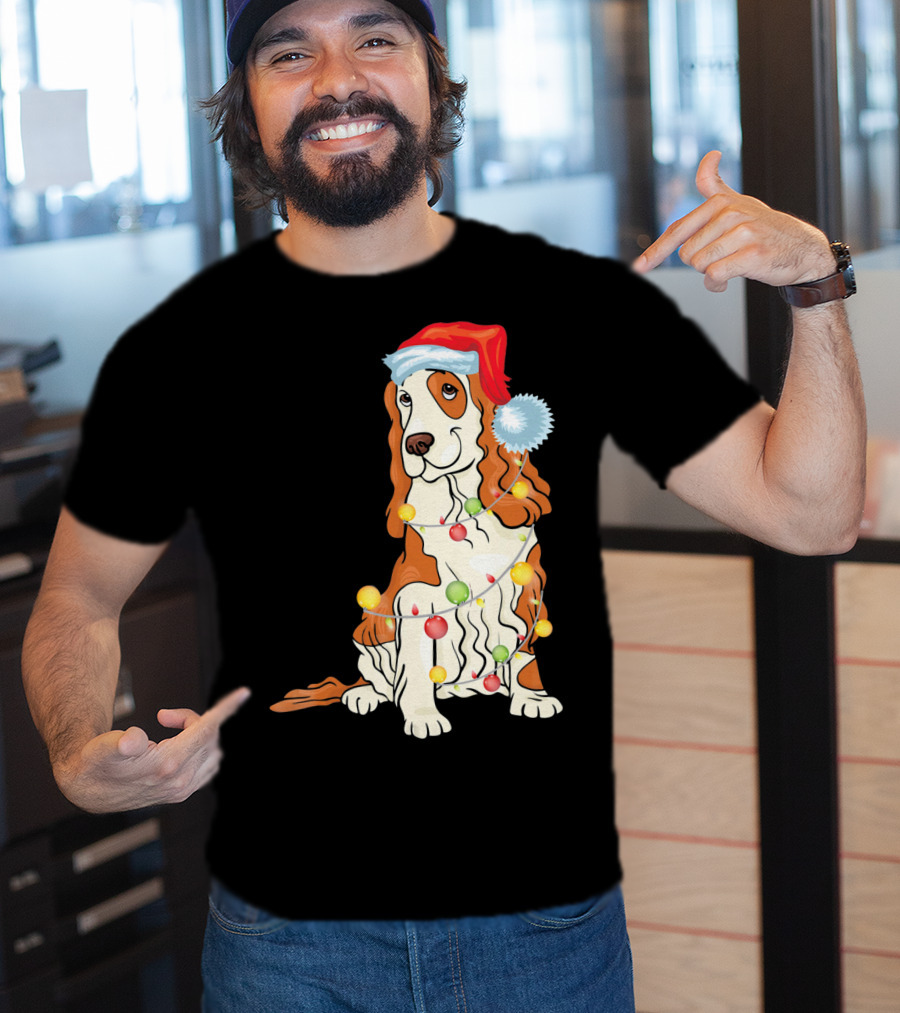 Cocker Spaniel Wearing Santa Hat With Colorful Christmas Lights T-Shirt