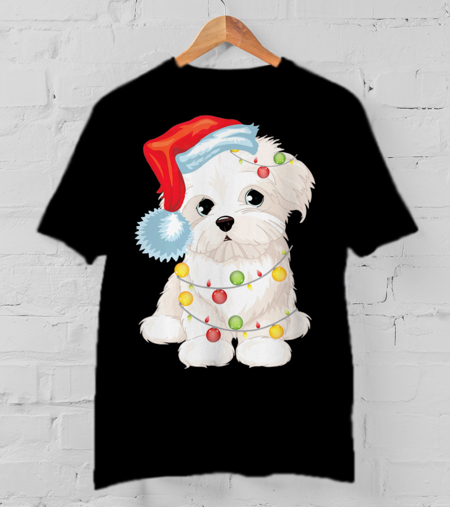 Santa Hat Maltese Dog Wrapped In Christmas Lights T-Shirt