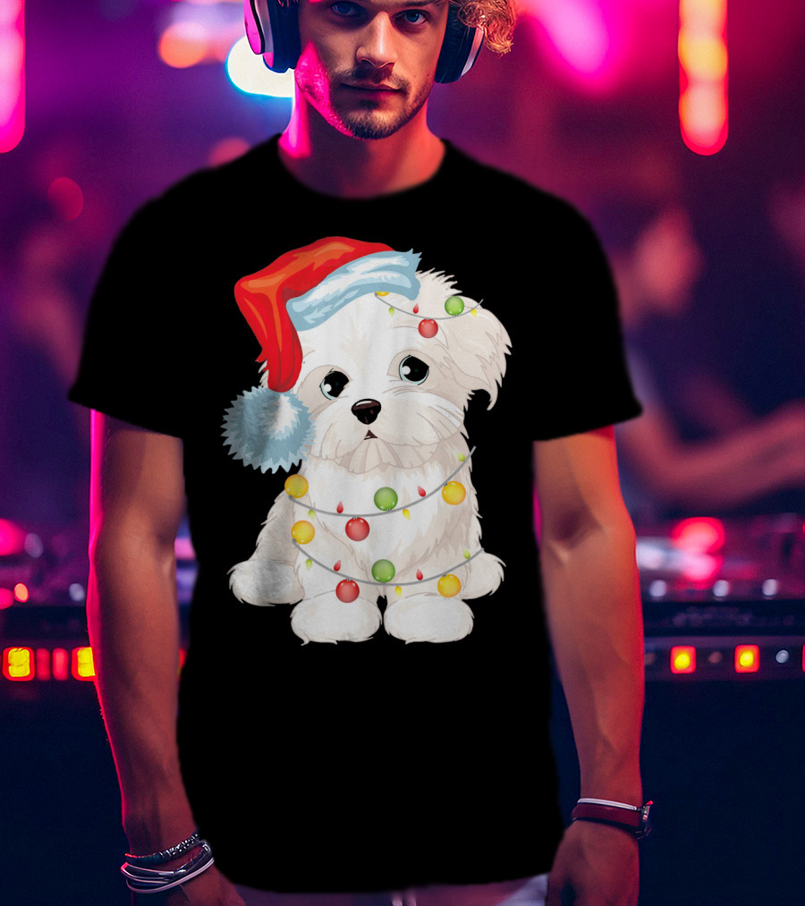 Santa Hat Maltese Dog Wrapped In Christmas Lights T-Shirt
