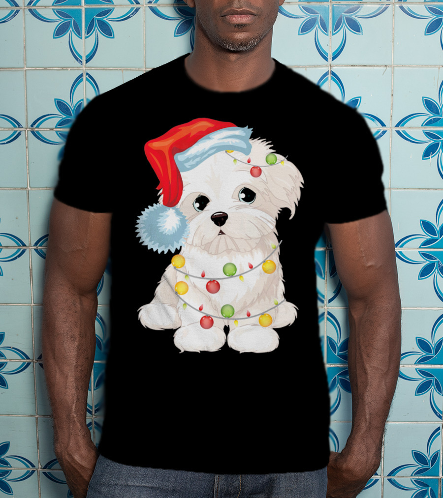 Santa Hat Maltese Dog Wrapped In Christmas Lights T-Shirt