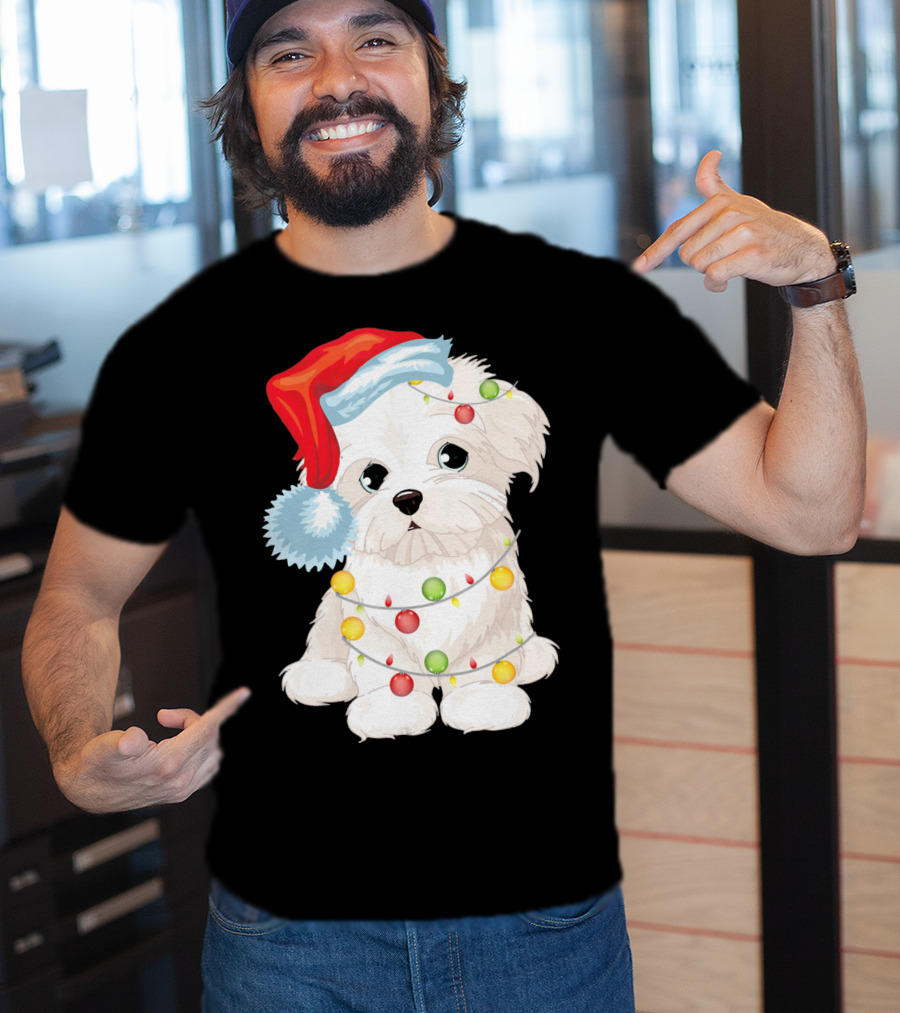 Santa Hat Maltese Dog Wrapped In Christmas Lights T-Shirt
