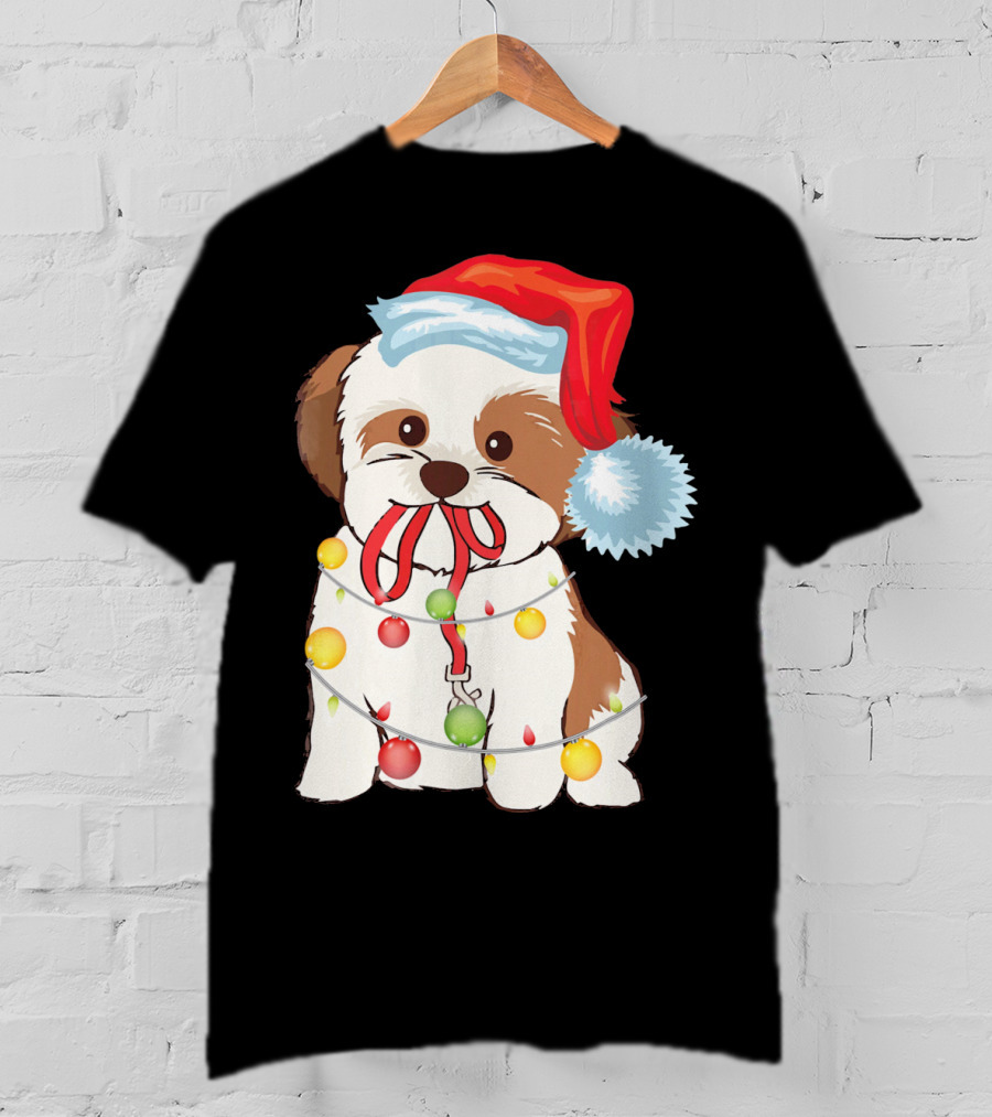 Christmas Lights Shih Tzu With Santa Hat And Festive Ornaments T-Shirt