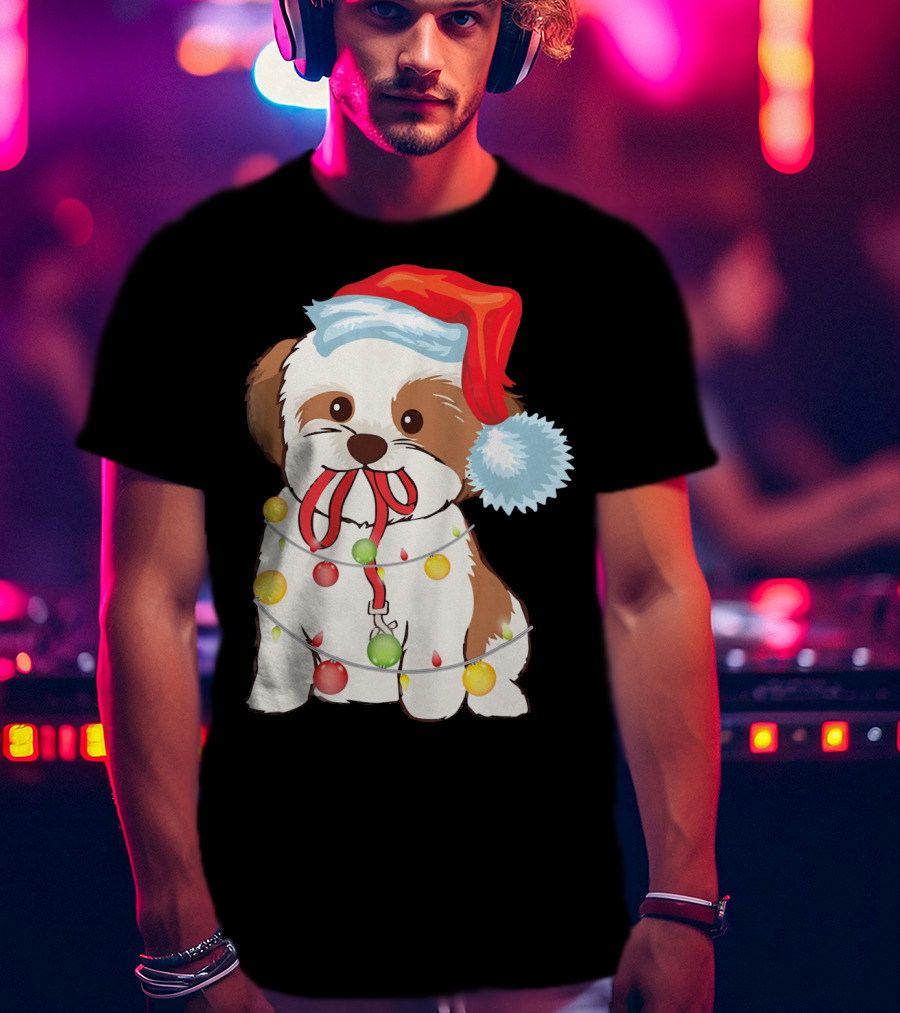 Christmas Lights Shih Tzu With Santa Hat And Festive Ornaments T-Shirt