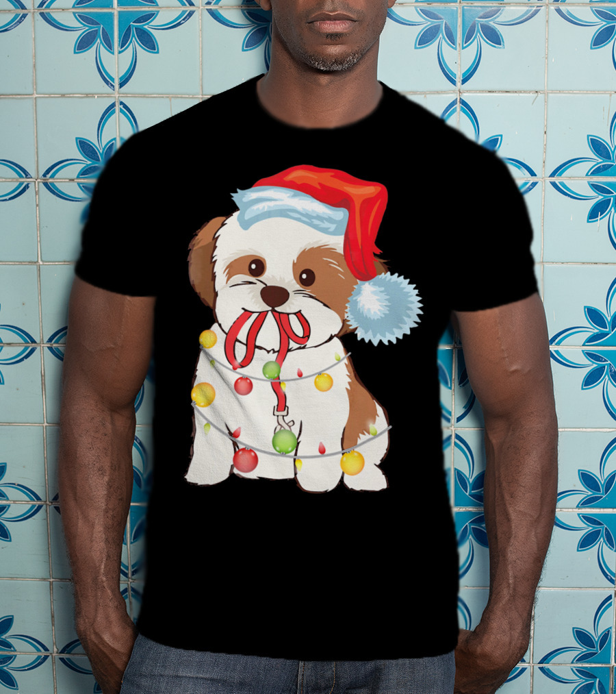 Christmas Lights Shih Tzu With Santa Hat And Festive Ornaments T-Shirt