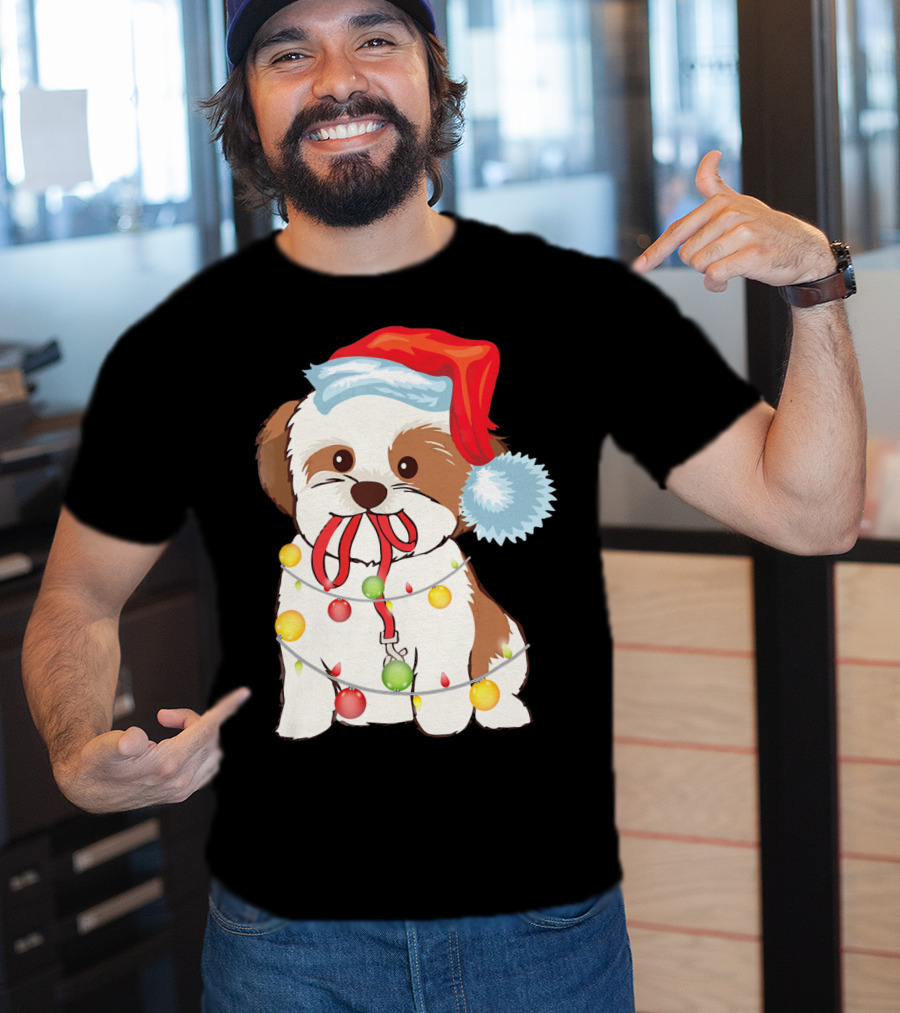 Christmas Lights Shih Tzu With Santa Hat And Festive Ornaments T-Shirt