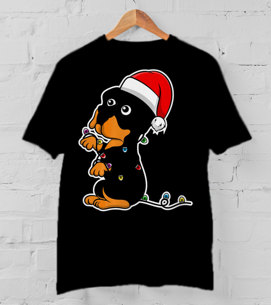 Christmas Rottweiler Puppy Santa Hat Lights T-Shirt