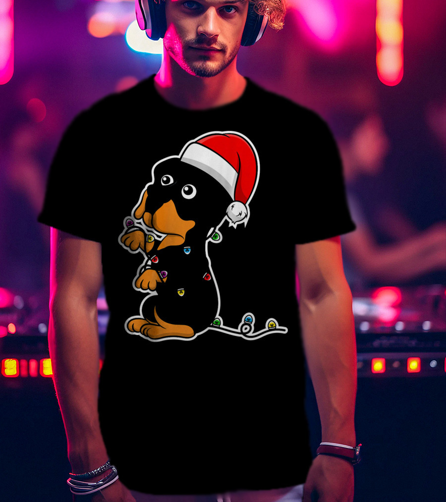 Christmas Rottweiler Puppy Santa Hat Lights T-Shirt
