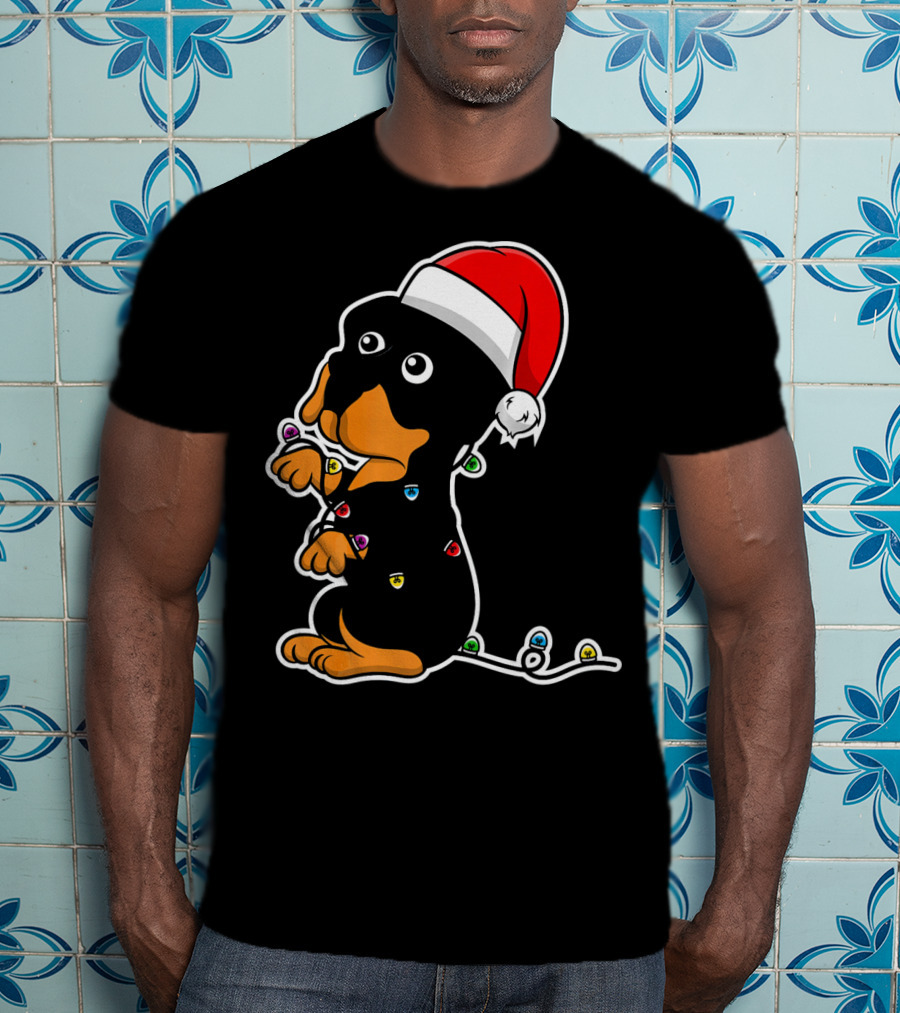 Christmas Rottweiler Puppy Santa Hat Lights T-Shirt