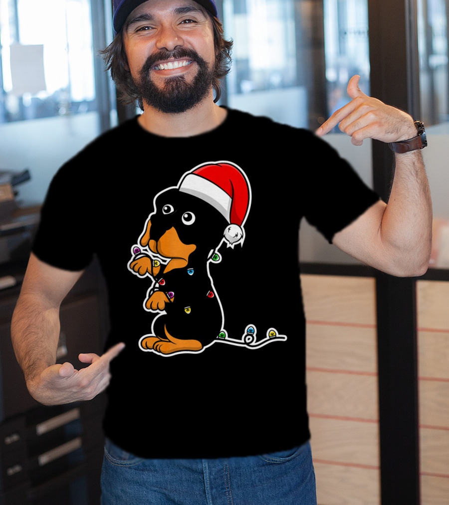 Christmas Rottweiler Puppy Santa Hat Lights T-Shirt