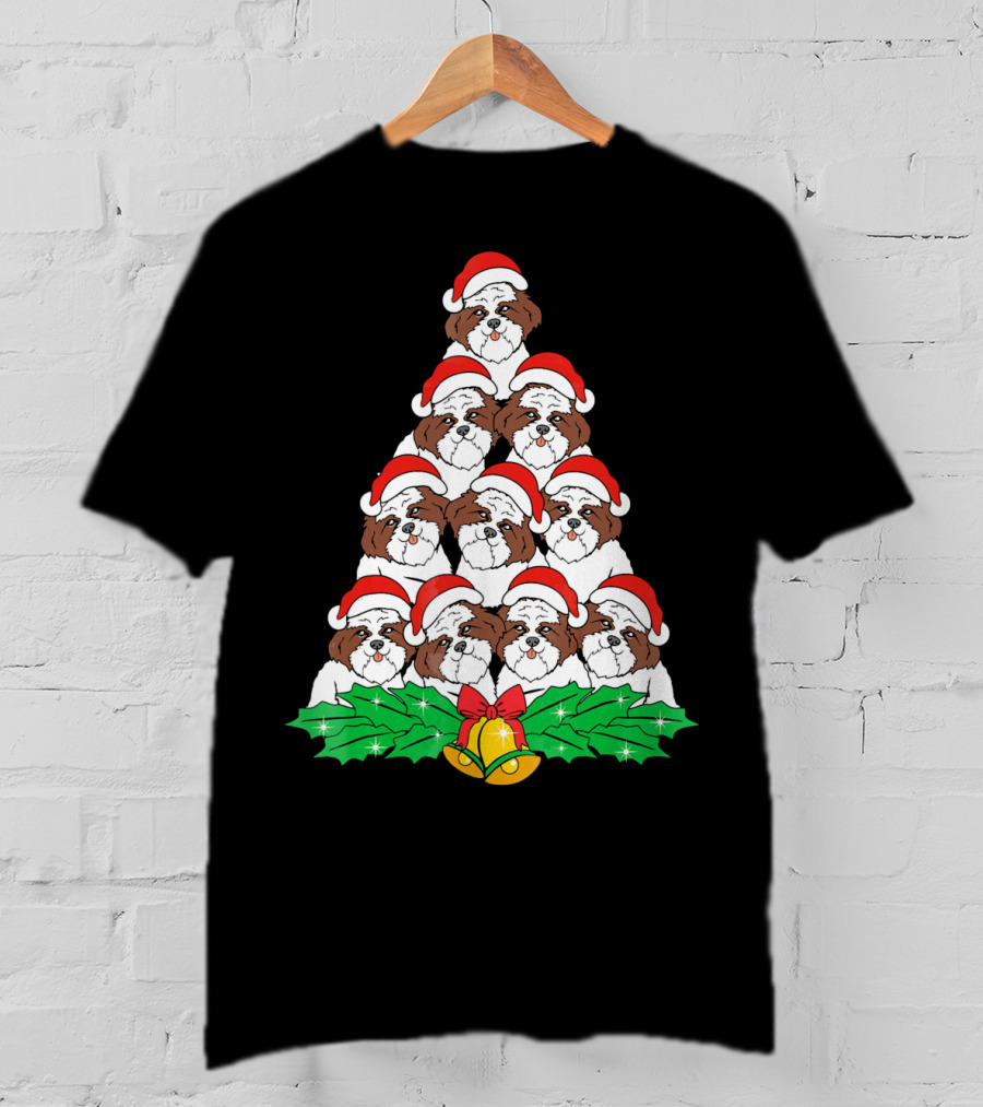Christmas Shih Tzu Santa Hats Tree With Holly And Bells T-Shirt