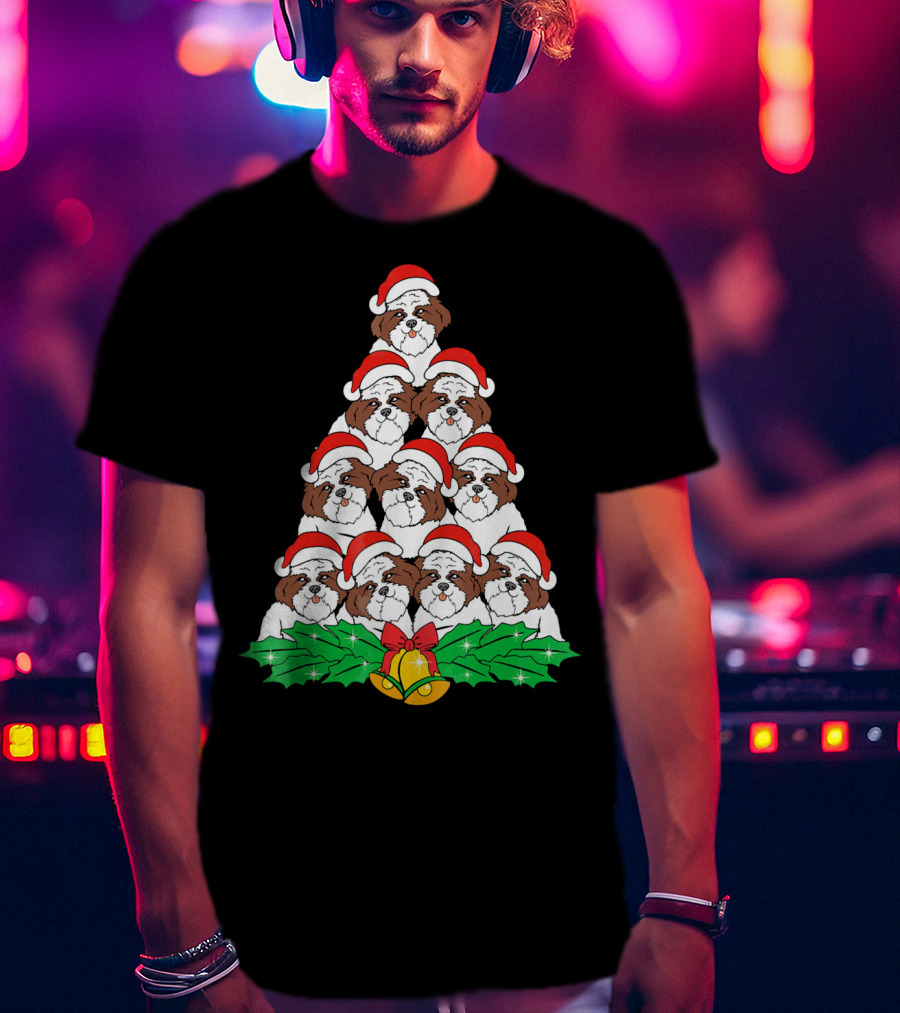 Christmas Shih Tzu Santa Hats Tree With Holly And Bells T-Shirt
