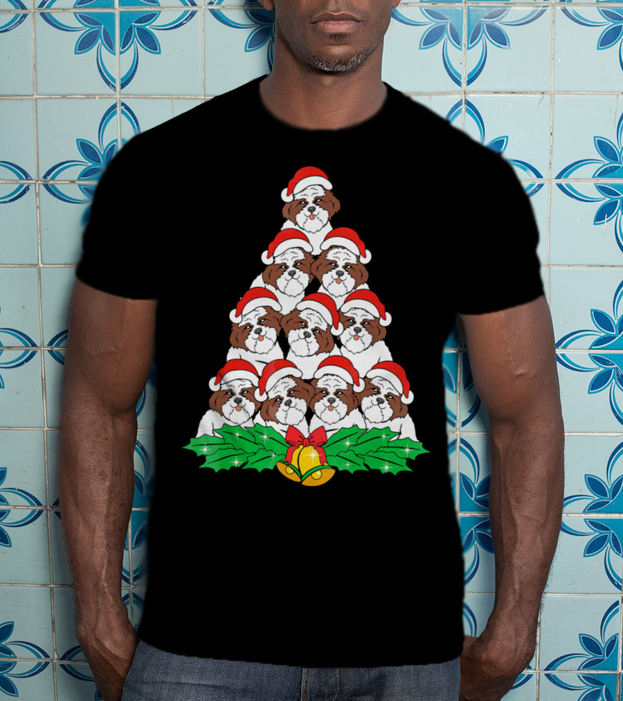 Christmas Shih Tzu Santa Hats Tree With Holly And Bells T-Shirt