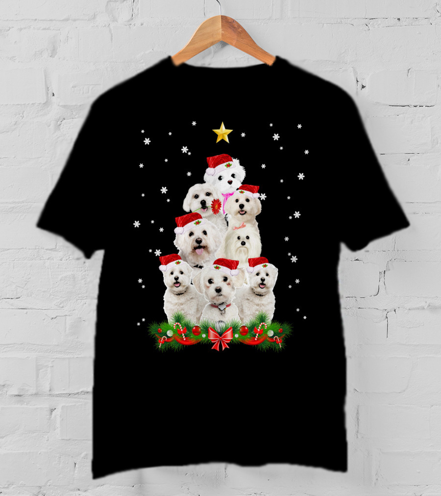 Maltese Dogs Christmas Tree With Santa Hats And Star T-Shirt