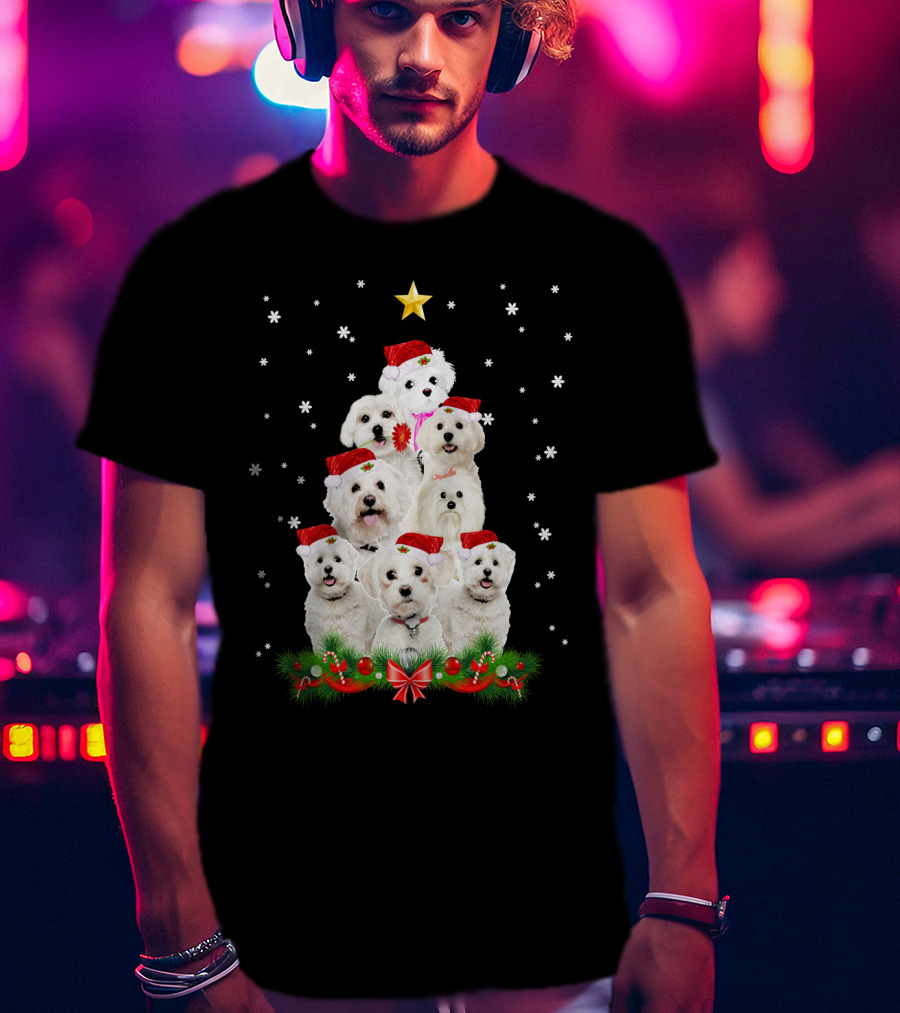 Maltese Dogs Christmas Tree With Santa Hats And Star T-Shirt