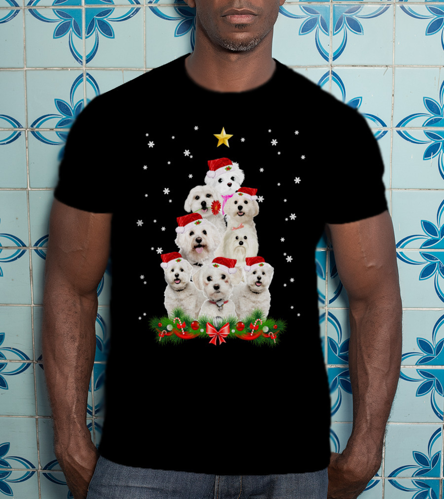 Maltese Dogs Christmas Tree With Santa Hats And Star T-Shirt